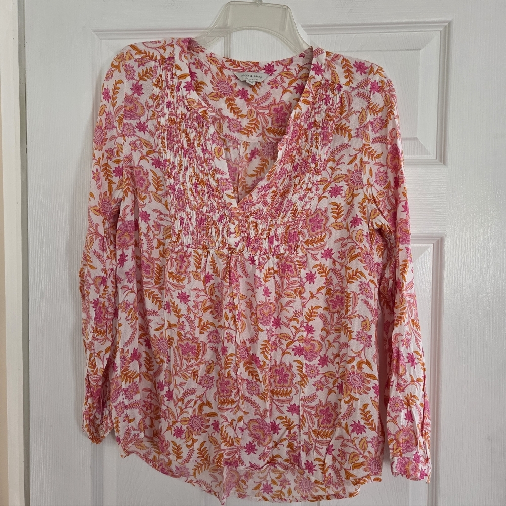 Lucky Brand Floral Pink and Orange Women's Top Large